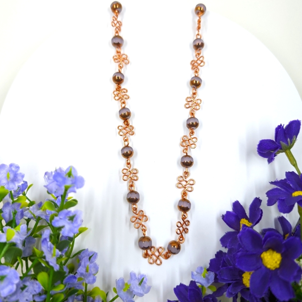 Copper Wire and Pink Glass Crystal Bead Handmade Vintage Necklace